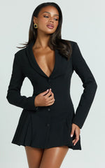 Bea Mini Dress Collared Long Sleeve Fit And Flare Pleated Dress in Black
