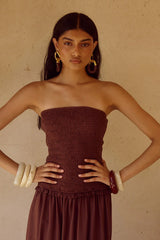 FLEUR SHIRRED STRAPLESSS MAXI DRESS CHOCOLATE