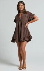 Calissa Mini Dress Frill Hem Smock Dress in Chocolate