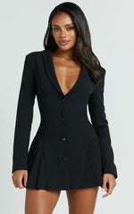 Bea Mini Dress Collared Long Sleeve Fit And Flare Pleated Dress in Black