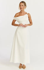 Amber Midi Dress Off The Shoulder Hardware Detail A Line Dress in White
