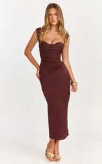 Kenna Maxi Dress Gathered Bust Tucked Waist Dress in Chocolate