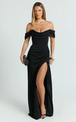 Marcel Maxi Dress Off Shoulder Corset High Split Dress in Black