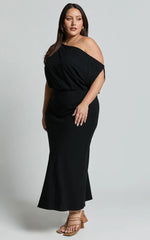Jacqueline Midi Dress Linen One Shoulder Dress in Black