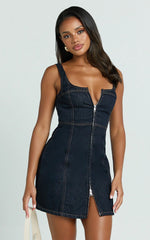 Chrysoula Mini Dress Square Neck Zip Front Sleeveless Bodycon Denim in Raw Denim with Tobacco Stitch