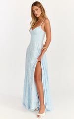 Rachel Maxi Dress Sweetheart Neckline Jacquard Front Split Dress in Ice Blue