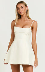 Carolina Mini Dress Scoop Neck Panel Bodice Dress in Off White