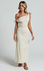 Cincinnati Midi Dress Off The Shoulder Side Split Column Linen Dress in Beige