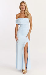 Opal Maxi Dress Off Shoulder Gathered Bodice Fit And Flare Dress in Blue