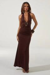 ARINA HALTER V NECK MAXI DRESS ESPRESSO