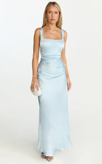 Rumi Midi Dress Rushed Bodiest Satin Dress in Pale Blue