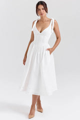 white pin tuck cotton midi sundress