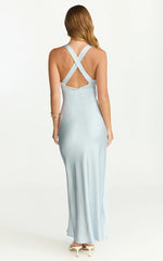 Khalani Midi Dress Deep V Neck Satin Slip Dress in Pale Blue