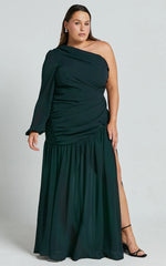 Grittah Maxi Dress One Shoulder Bishop Sleeve High Split Ruched Dress in Emerald