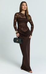 Crisanta Maxi Dress Long Sleeve Contrast Lace Bodycon Dress in Chocolate