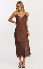 Ava Midi Dress Lace Trim Scallop Hem Camisole Dress in Chocolate