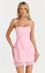 Maisie Mini Dress Broderie Cut Out Border Hem Dress in Pink