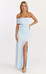 Opal Maxi Dress Off Shoulder Gathered Bodice Fit And Flare Dress in Blue