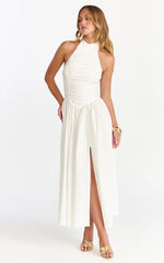 Anya Midi Dress Halter Neck Ruched Drop Waist Dress in White