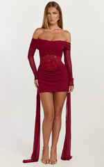Vesper Mini Dress Contrast Lace Bodice Long Sleeve Dress in Wine