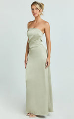 Laurie Maxi Dress Strapless Draped Satin Dress in Light Olive