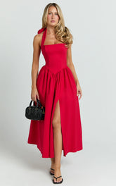 Helda Midi Dress Halter Tie Neck Corset Panel Dress in Red