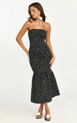Seraphina Midi Dress Polka Dot Strapless Lace Neck Gathered Mermaid Skirt Dress in Black Polka Dot