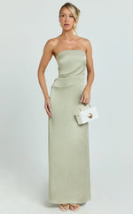 Laurie Maxi Dress Strapless Draped Satin Dress in Light Olive