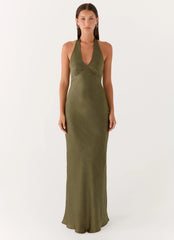 Heavy Hearted Satin Maxi Dress Khaki