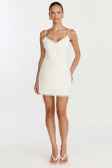 Loya Mini Dress Scallop Lace Trim Mini Dress in Off White