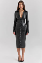 black vegan leather long sleeve midi dress
