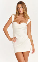 Kenna Mini Dress Gathered Bust Tucked Waist Dress in Off White