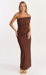 Pearce Maxi Dress Gathered One Sleeve Bodycon Dress in Brown