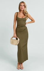 Benita Midi Dress Scoop Neck Ruched Fitted Dress in Olive