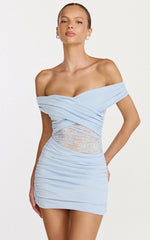 Juliet Mini Dress Off Shoulder Lace Contrast Dress in Blue