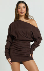 Alyce Mini Dress Long Sleeve One Shoulder Dress in Chocolate