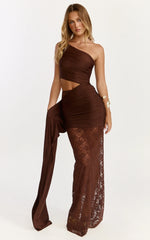 Ferguson Maxi Dress One Shoulder Draped Jersey and Lace Dress in Chocolate