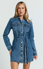Enriquetta Mini Dress Cotton Denim Long Sleeve Button Up Dress in Blue