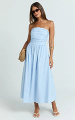 Polly Midi Dress Strapless Ruched Dress in Blue