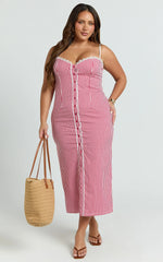 Anessa Midi Dress Button Front Bustier Fitted Dress in Red Gingham