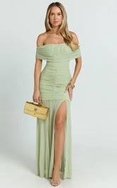 Alanna Maxi Dress Off Shoulder Ruched Mesh Dress in Sage