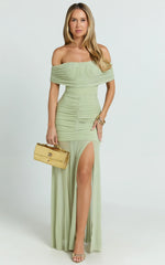 Alanna Maxi Dress Off Shoulder Ruched Mesh Dress in Sage