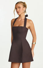 Dante Mini Dress Halter Neck Tie Tulip Skirt Dress in Chocolate