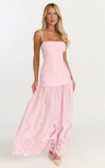Everly Maxi Dress Straight Neck Broderie Cut Out Hem Dress in Pink