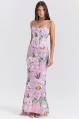 pink floral corset maxi dress