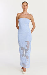 Sienna Midi Dress Strapless Floral Embroidered Bodycon Dress in Blue
