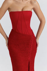 red satin lace strapless maxi dress