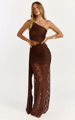 Ferguson Maxi Dress One Shoulder Draped Jersey and Lace Dress in Chocolate