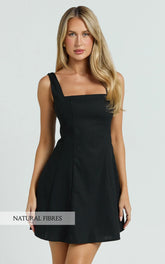 Adiana Mini Dress Linen Square Neck Shirred Back A Line Dress in Black