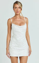 Alana Mini Dress Sequin Lace Cowl Neck Dress in White